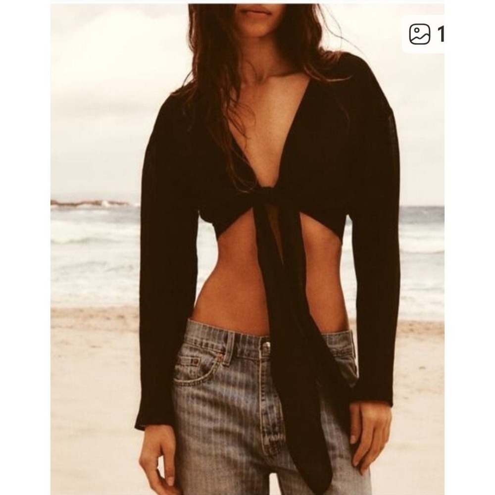 Zara Gauze Semi Sheer Tie Front Long Sleeve Black Crop Top Coquette Festival XS
